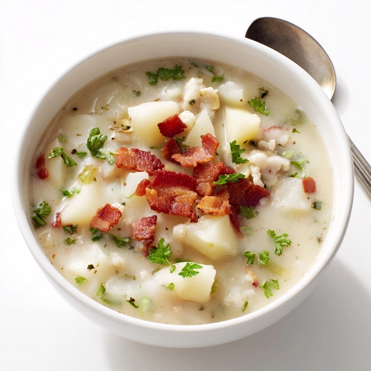 A bowl of homemade New England Clam Chowder, garnished with parsley, looks warm and comforting.