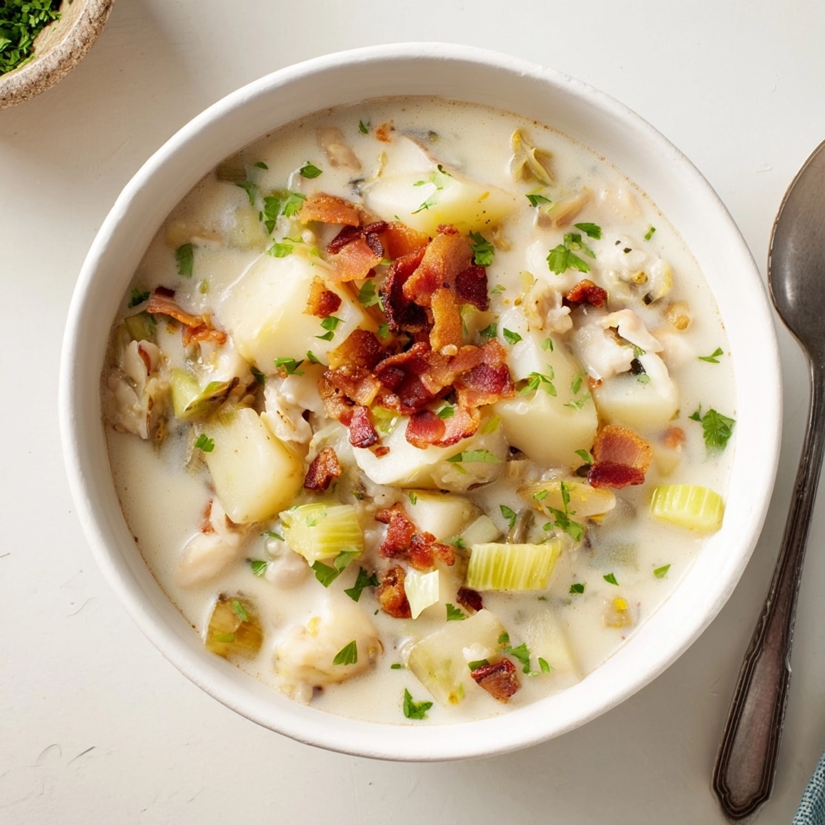 Thick and savory New England Clam Chowder, a perfect seafood soup for chilly evenings.