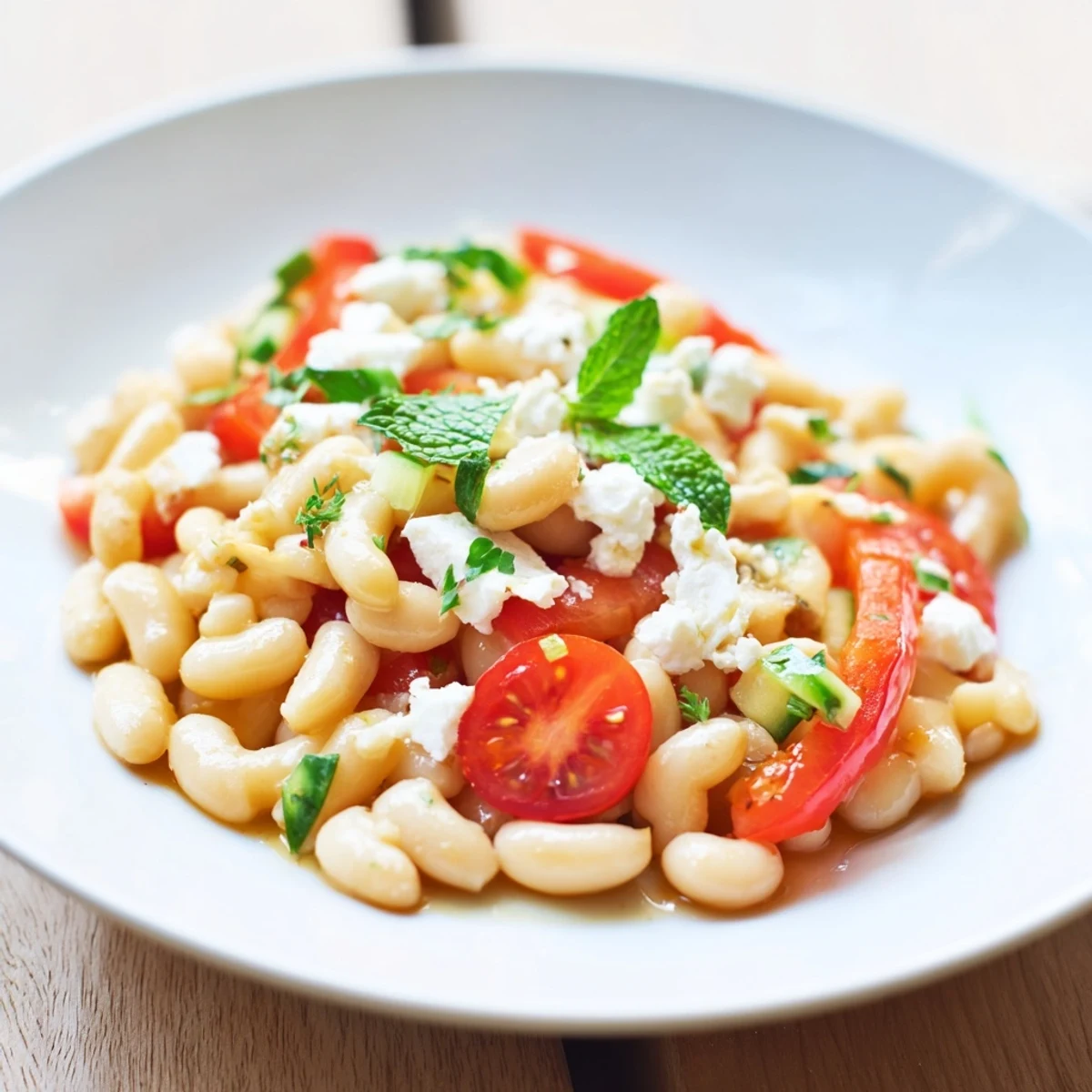 Enjoy a refreshing spoonful of Mediterranean White Bean Salad with Feta, perfect for a light lunch.