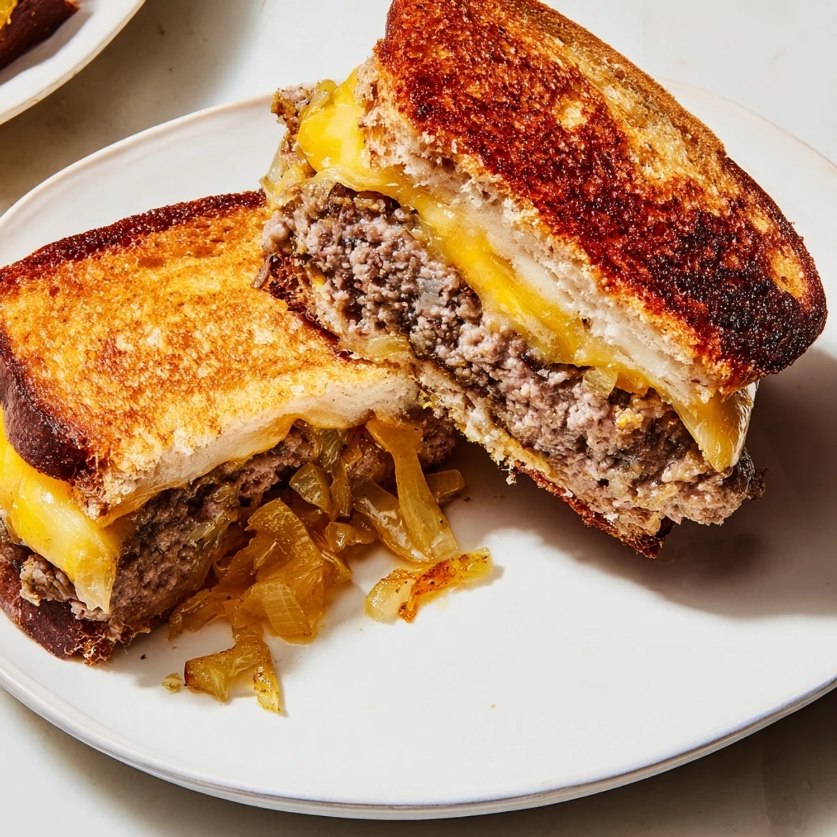 Golden-brown Cast-Iron Patty Melts feature melted Swiss cheese, caramelized onions, and juicy patties.