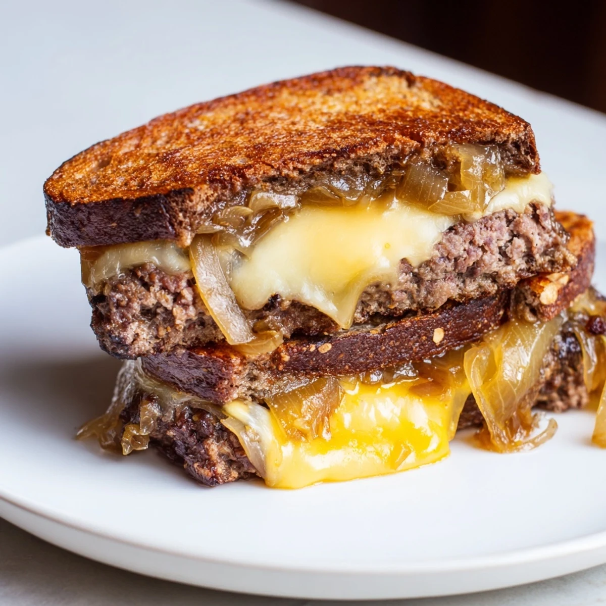 A close-up shot of a sizzling Cast-Iron Patty Melt with oozing cheese and toasted bread.