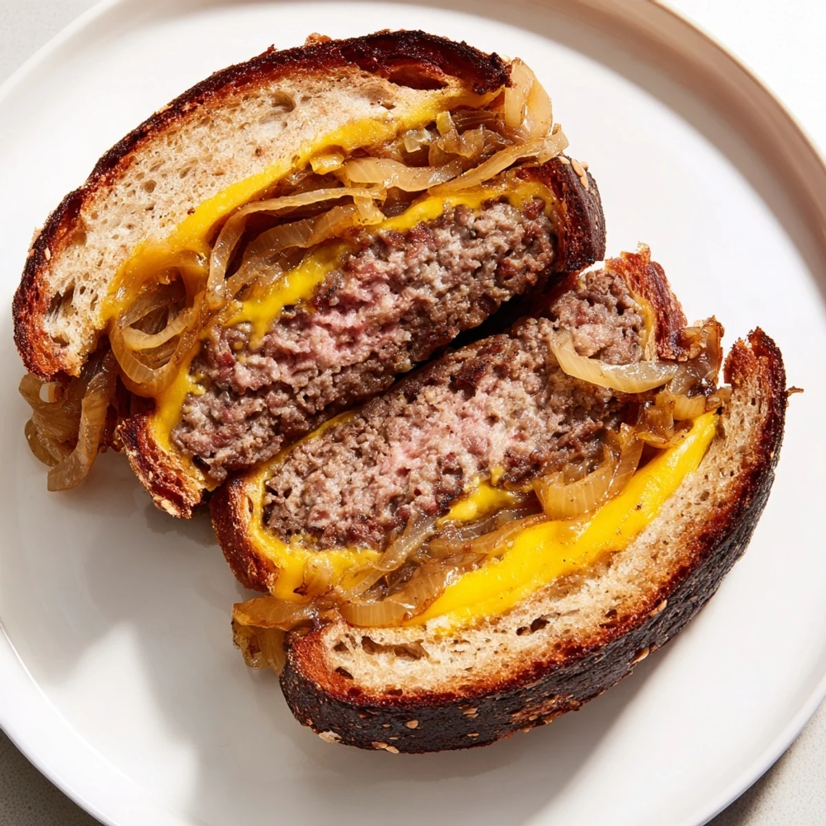 In this photo, a cross-section reveals delicious layers in a perfectly made Patty Melt.