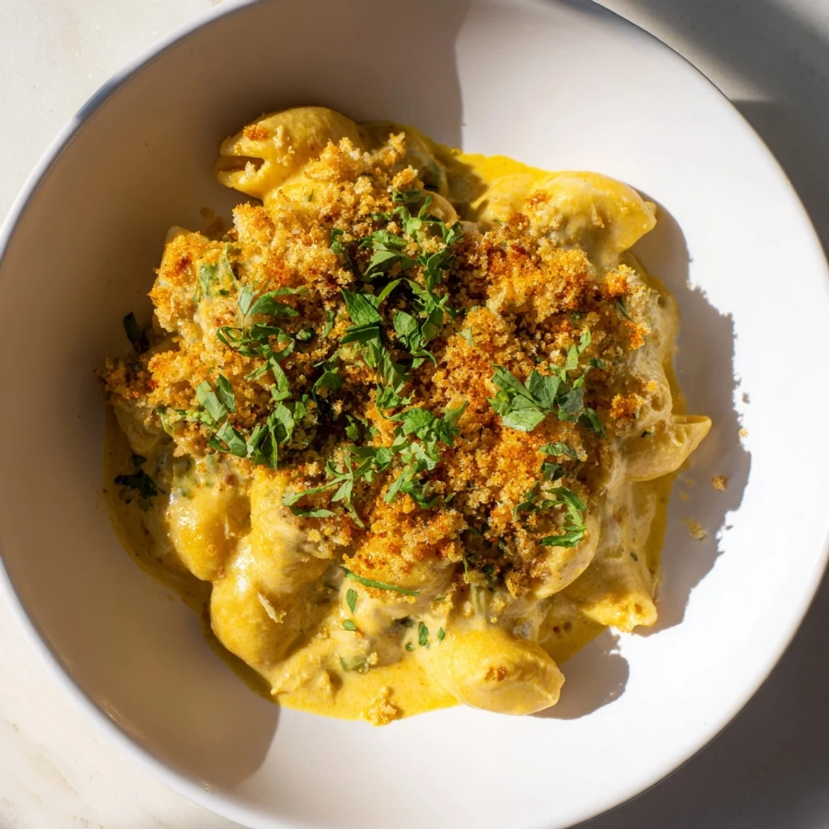 Golden-brown Curry Comfort Mac and Cheese bubbling in a baking dish, ready for a delicious dinner.