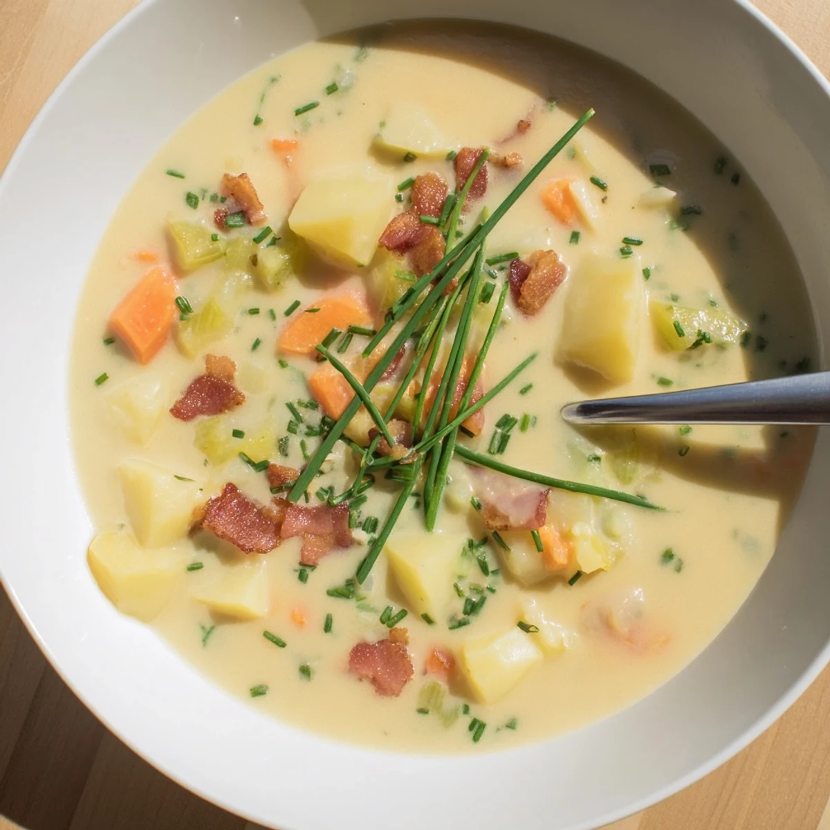 Imagine a vibrant spoonful of The Ultimate Potato Soup featuring tender vegetables and warming herbs.