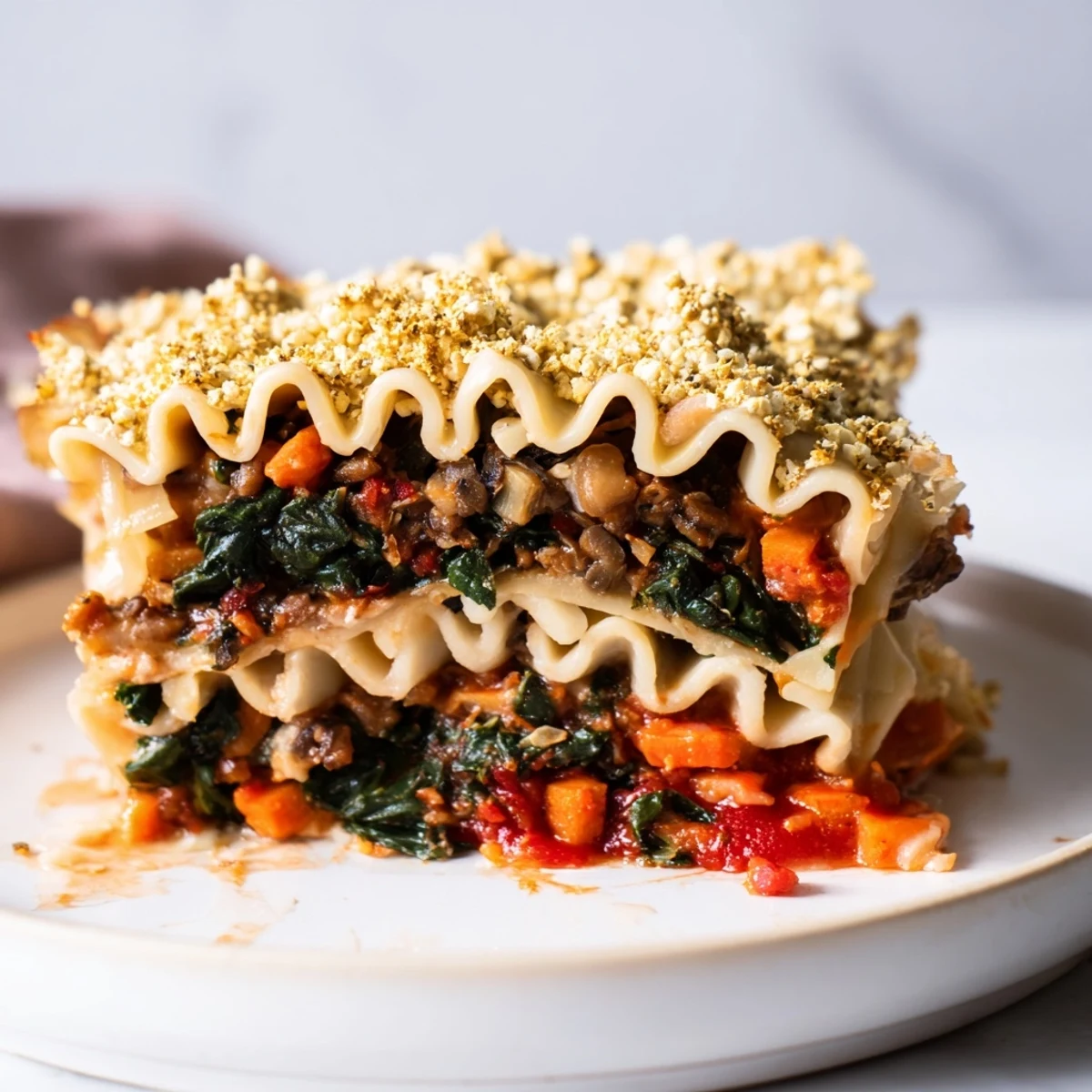 Steaming hot Vegan Lasagna, packed with rich mushroom-spinach bolognese, ready to serve with fresh basil.