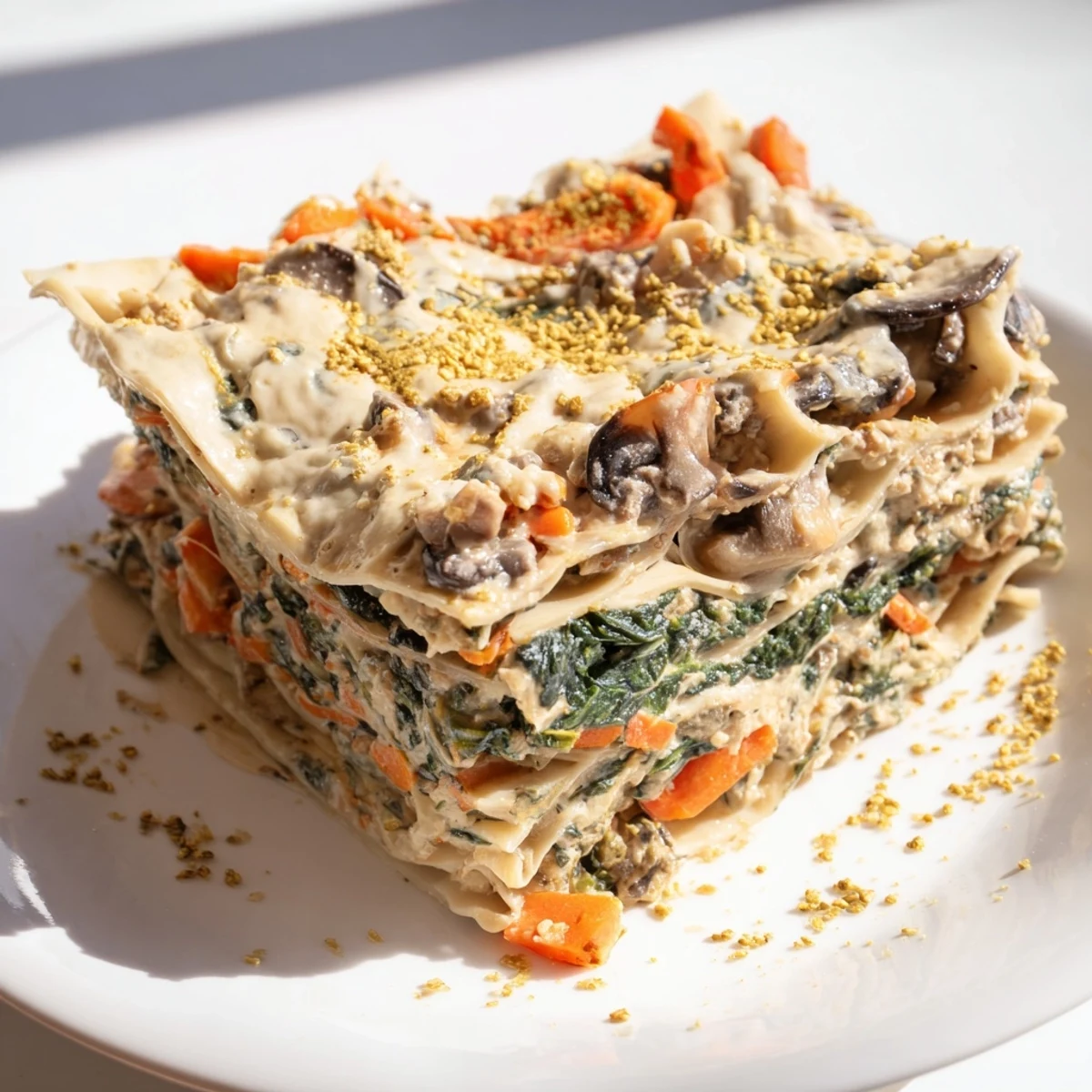 A close-up of a bubbling Vegan Lasagna showcasing layers of creamy béchamel and flavorful sauce.