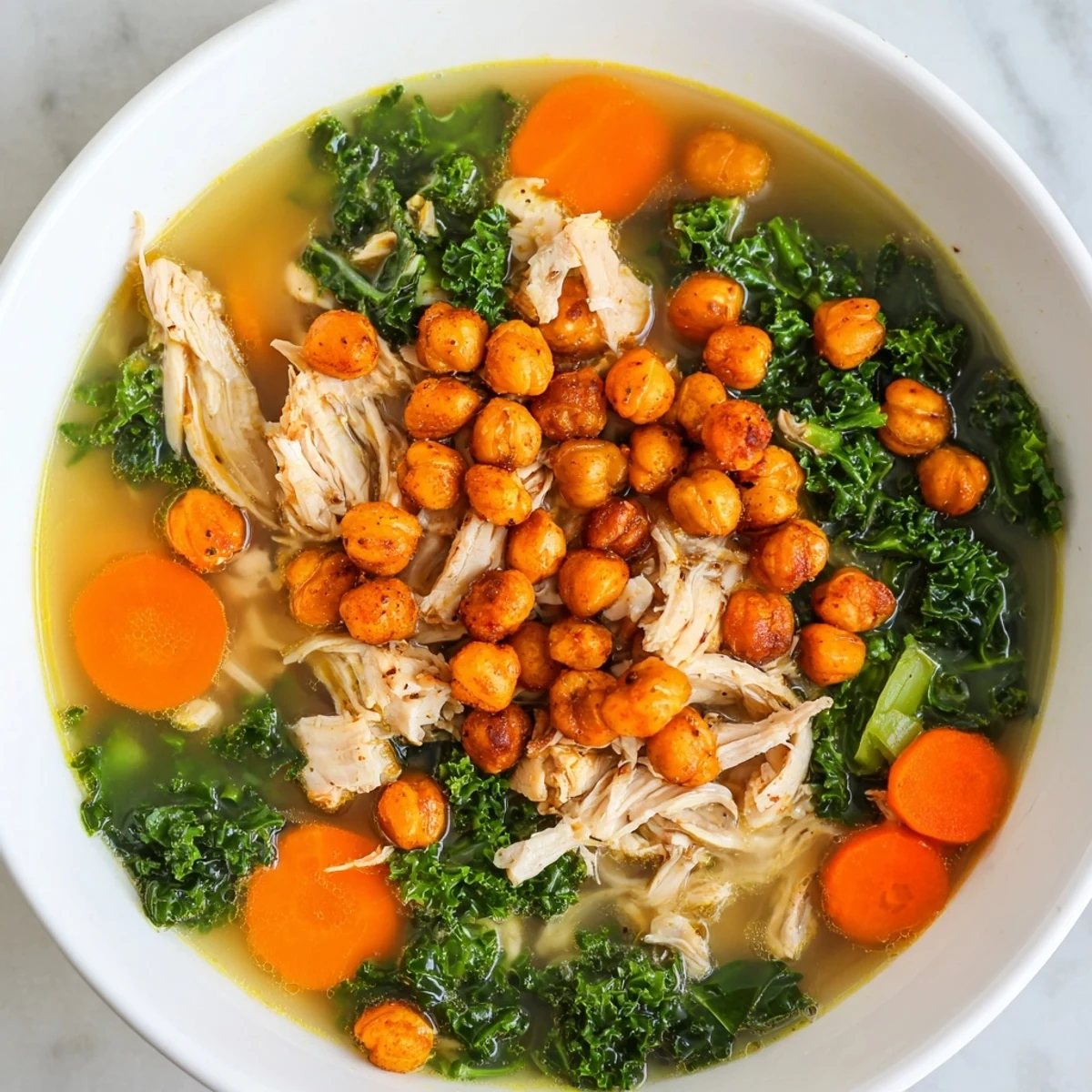 Golden, oven-roasted chickpeas topping flavorful Chicken Kale Soup with fresh kale and shredded chicken.