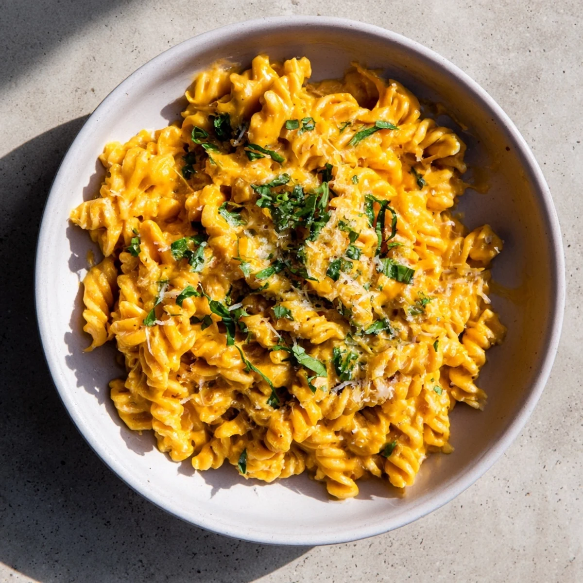 A steaming bowl of comforting one-pot butternut squash mac & cheese, ready to eat.