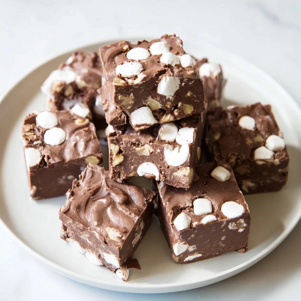 Rich, glistening chocolate 5-Minute Marshmallow Fudge squares, ready to be cut and served.