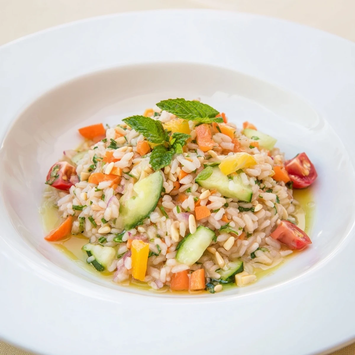 Golden, crispy rice forms the base of this vibrant Crispy Cucumber Rice Salad with fresh vegetables.