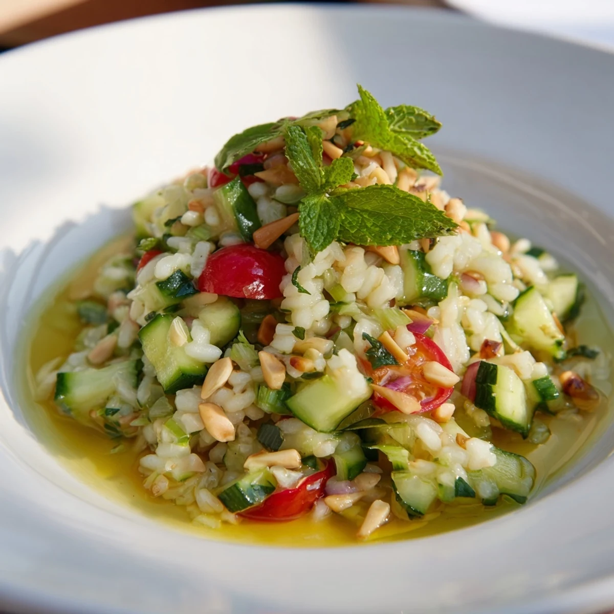 Imagine a refreshing Crispy Cucumber Rice Salad with toasted nuts and sesame seeds for added texture.