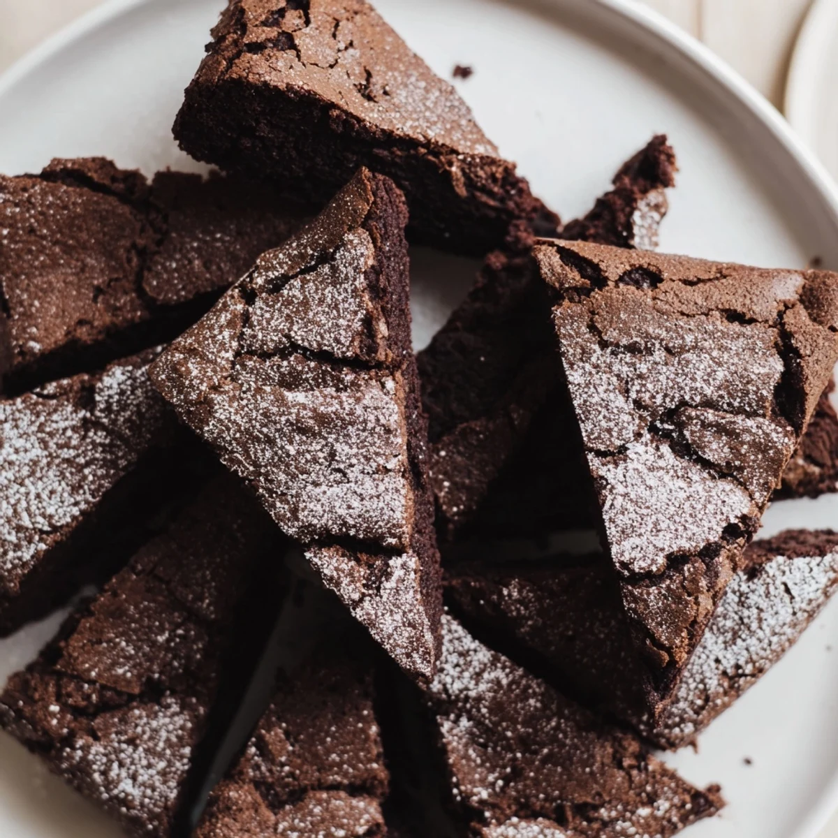 A plate of freshly baked chocolate crinkle cookies, crackled and dusted with sweet powdered sugar.