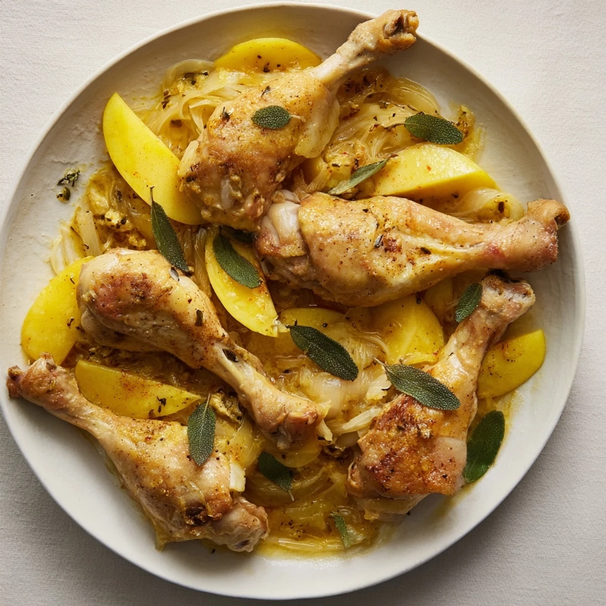 Golden-brown Easy Cider-Glazed Chicken Thighs, perfectly cooked, resting amidst tender baked apples and onions.