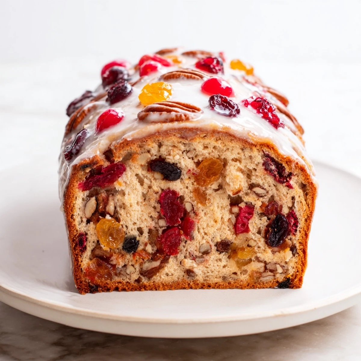 A warm slice of Easy Glazed Christmas Fruit Loaf Cake, glistening with a citrus glaze.