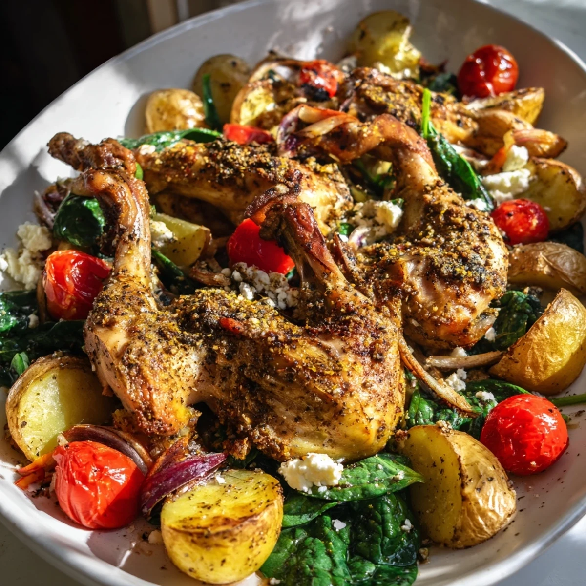 Golden, crispy-skinned Pan-Roasted Zaatar Chicken alongside roasted potatoes, a delightful main dish.