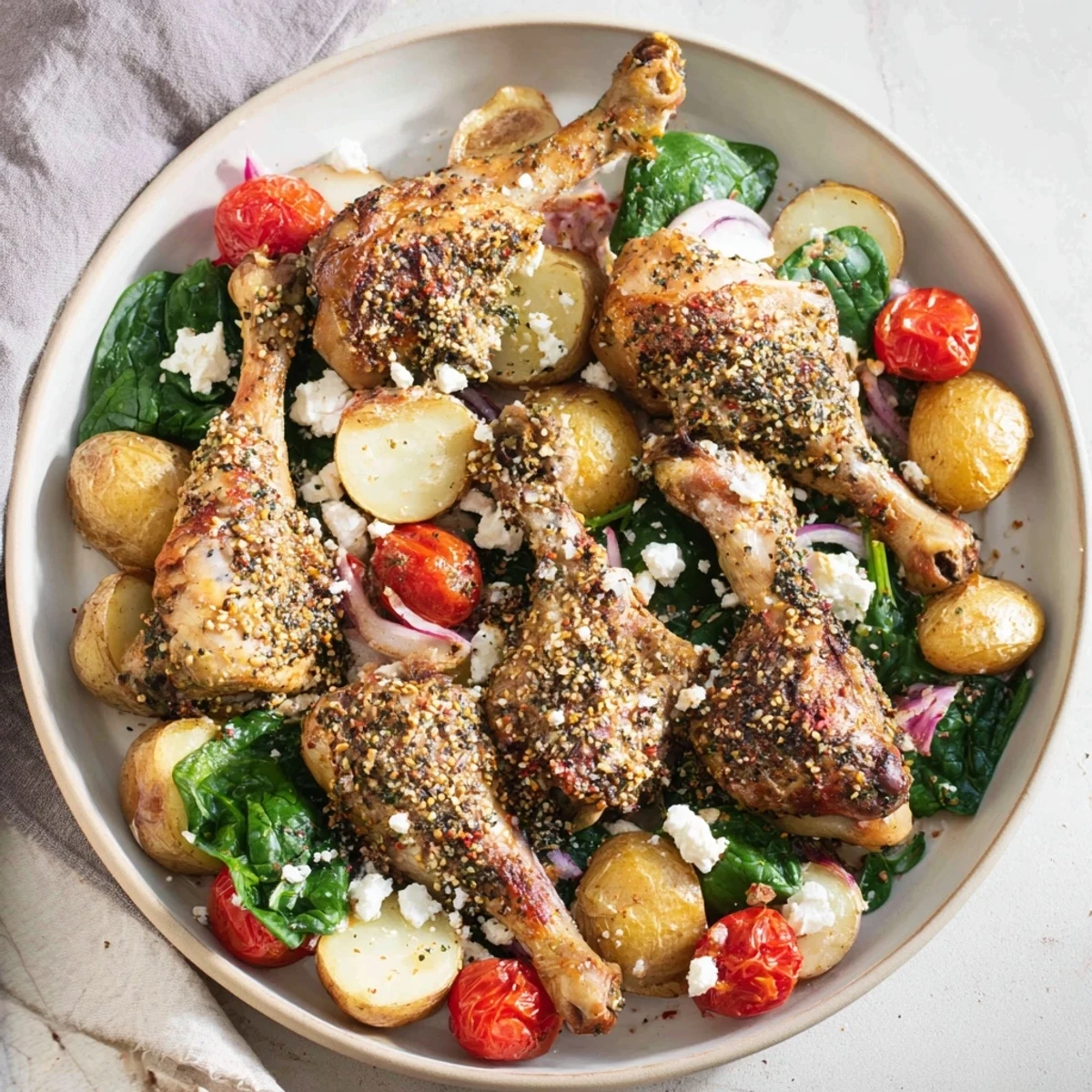 Juicy, seasoned, Pan-Roasted Zaatar Chicken is nestled with tender vegetables on a sheet pan.