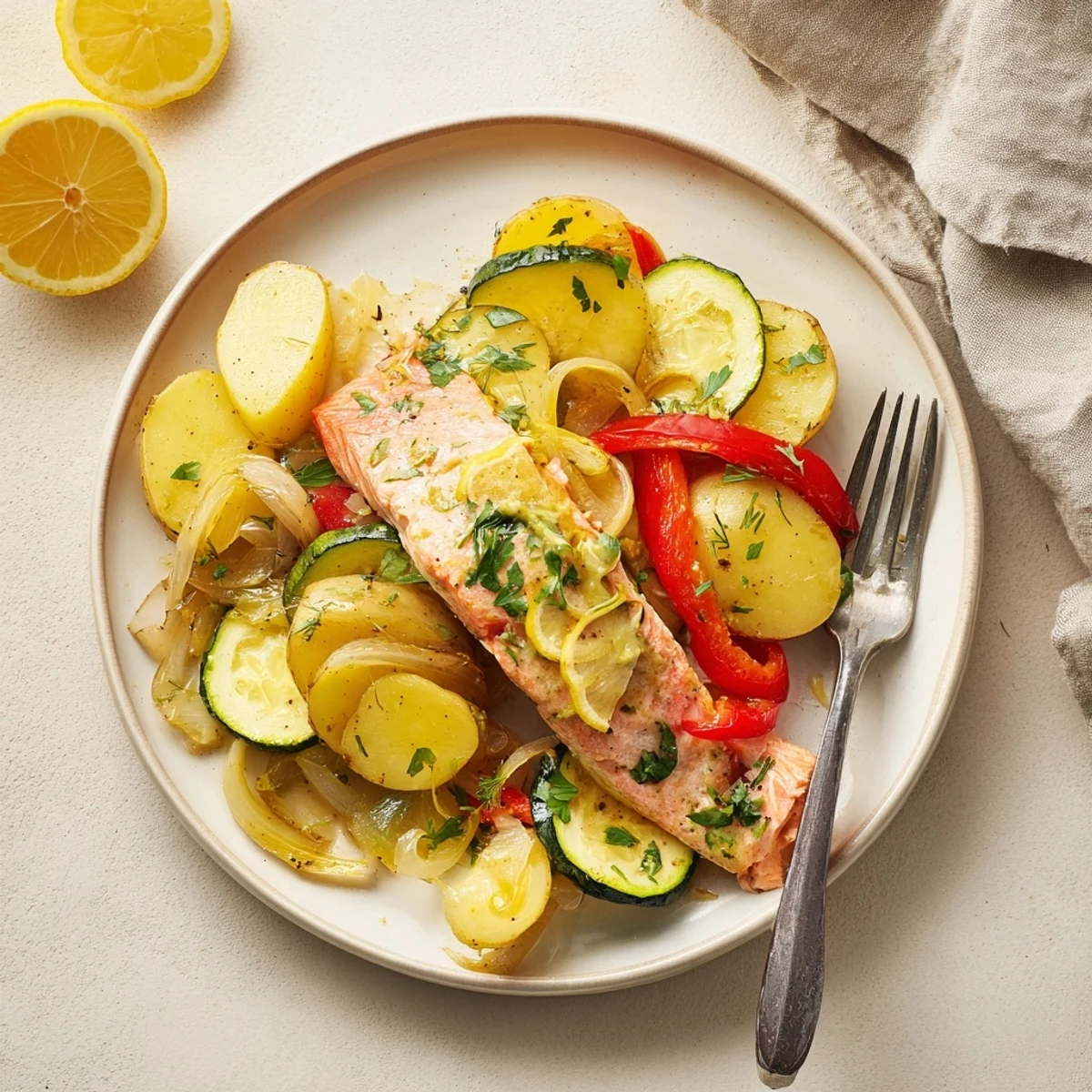 Flaky baked Lemon Butter Salmon Sheet Pan with vibrant roasted vegetables and a bright sauce.