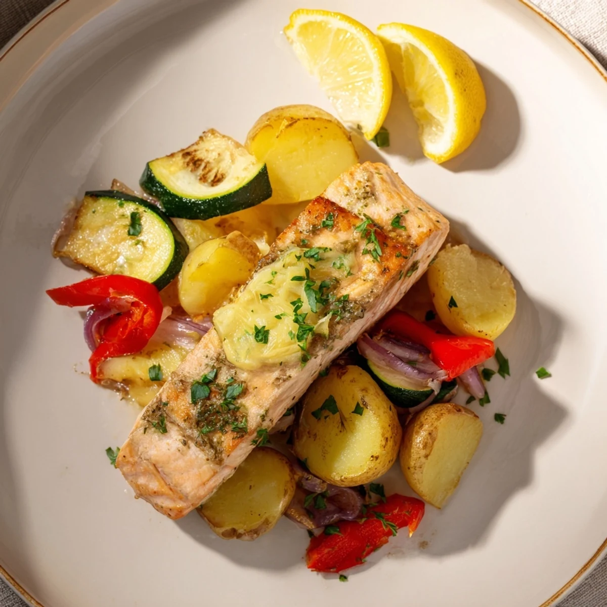 A beautiful close-up of buttery, cooked Lemon Butter Salmon Sheet Pan ready to serve with lemon wedges.