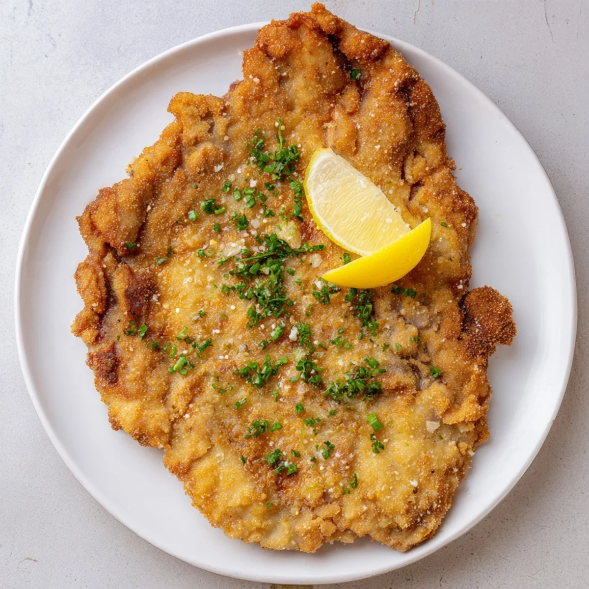 Golden-brown Air Fryer Wiener Schnitzel served with lemon wedges, enticing textures and flavors.