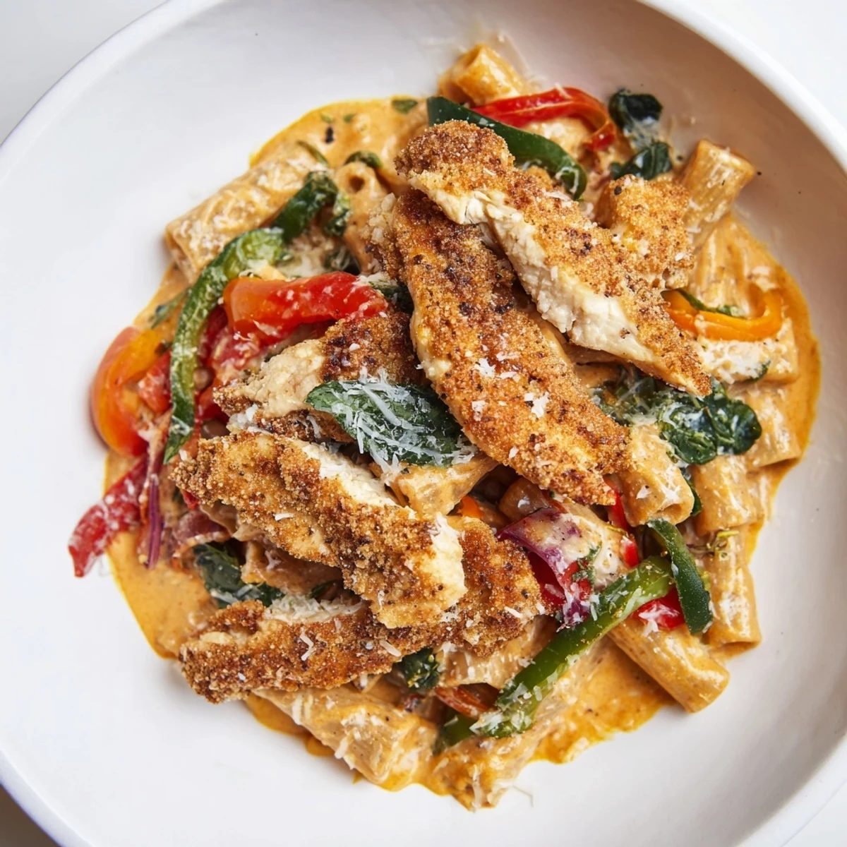 The delicious, saucy Creamy Cajun Dirty Snow Chicken Pasta topped with fresh Parmesan cheese is ready to serve.