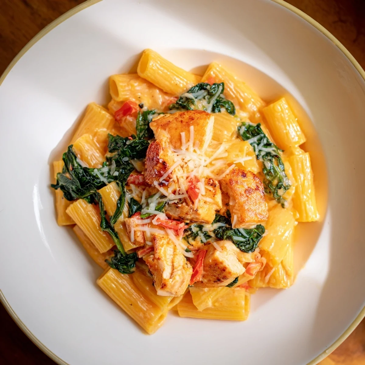 Creamy Cajun Dirty Snow Chicken Pasta, a vibrant plate of pasta with chicken and brightly colored veggies.