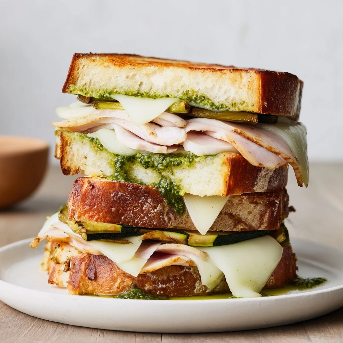 Golden-brown Pesto Turkey Zucchini Grilled Cheese Stacks, oozing with melted cheese and fresh pesto flavors.