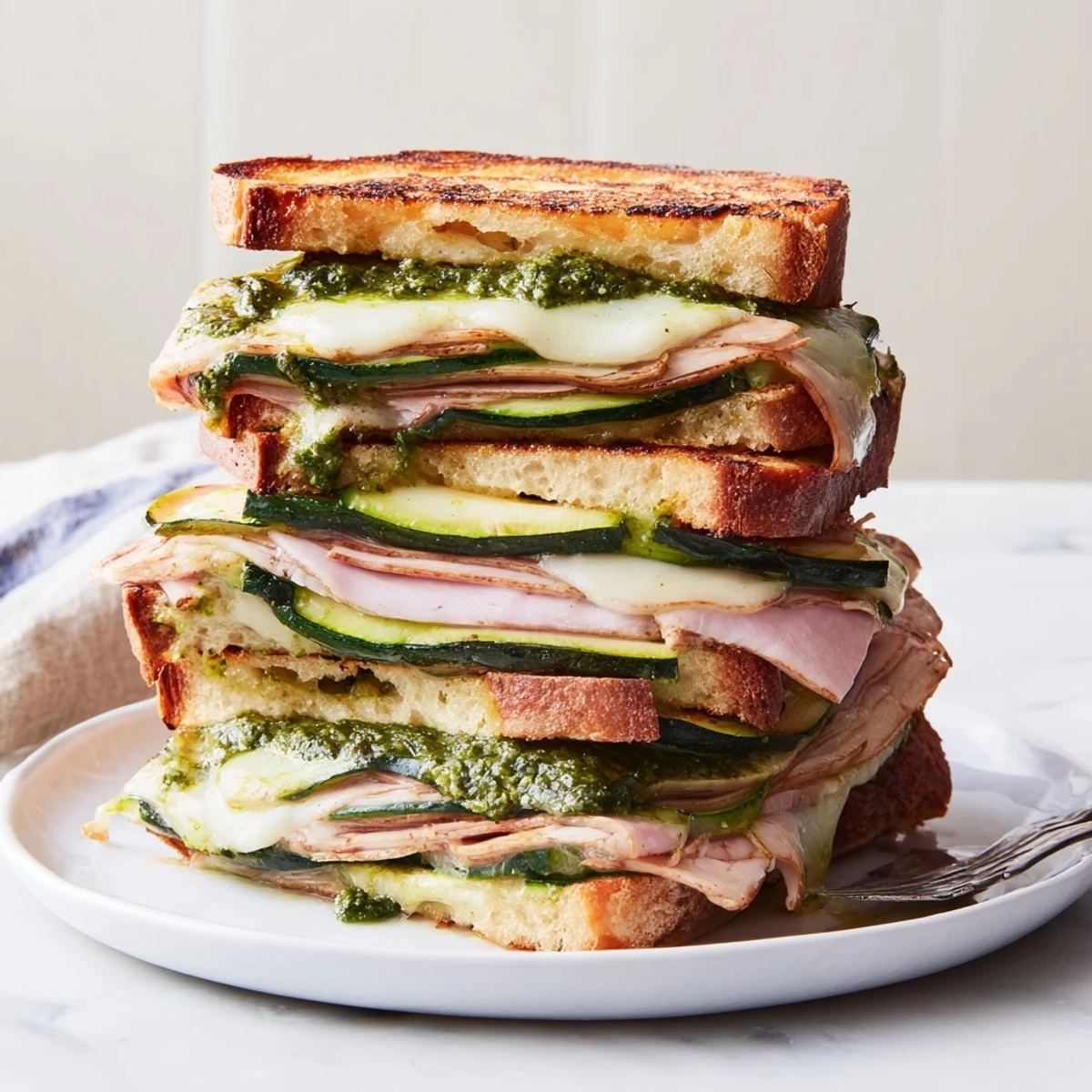 Warm and cheesy Pesto Turkey Zucchini Grilled Cheese Stacks, a delicious, healthy, and easy lunch recipe.