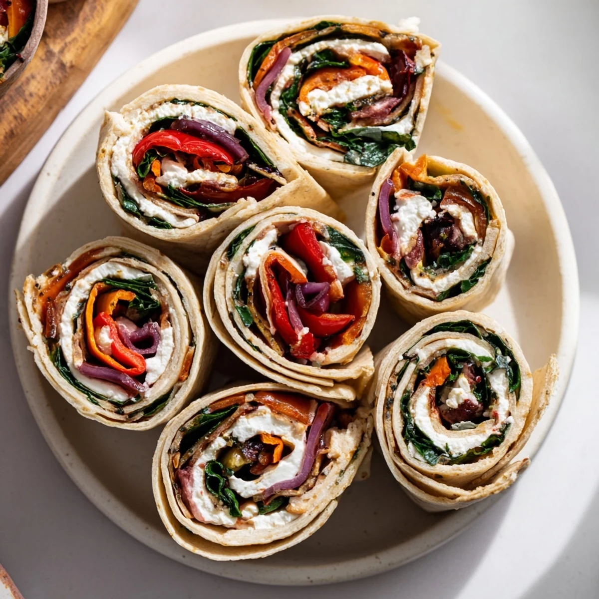 Vibrant Roasted Veggie & Feta Santa Spiral Wraps rolled with colorful veggies and creamy feta, ready to serve.