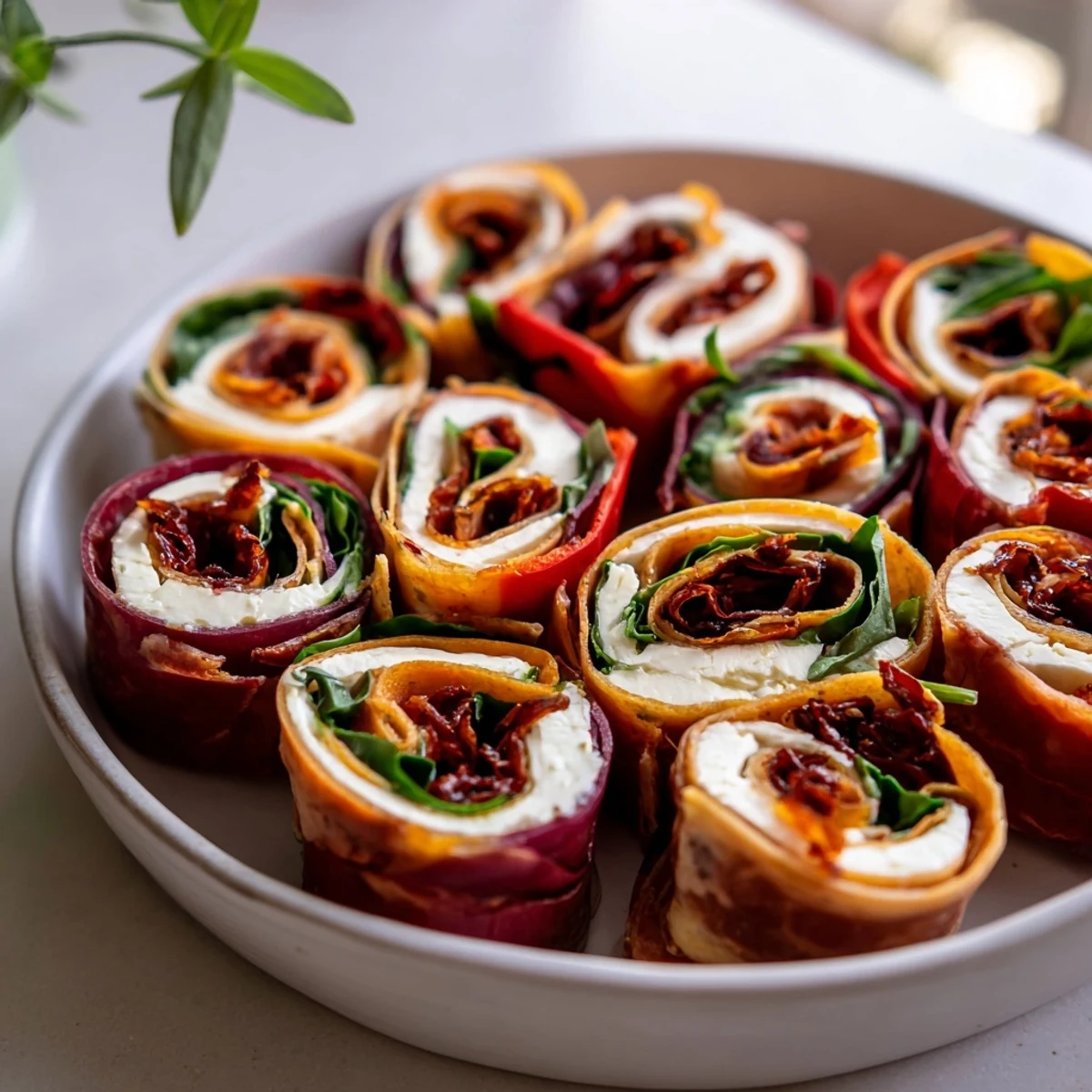 Tightly rolled Roasted Veggie & Feta Santa Spiral Wraps with a beautiful spiral slice, a delicious lunch idea.