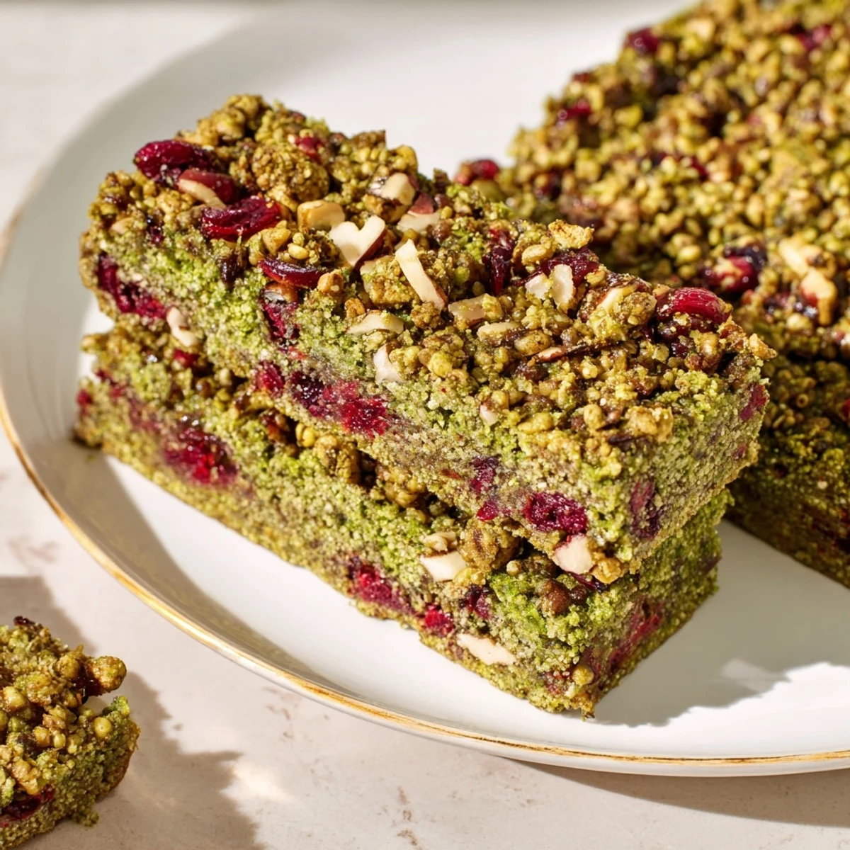 Golden-topped Matcha Cranberry Oat Crumble Breakfast Bars, a wholesome treat with tart cranberries and earthy matcha.