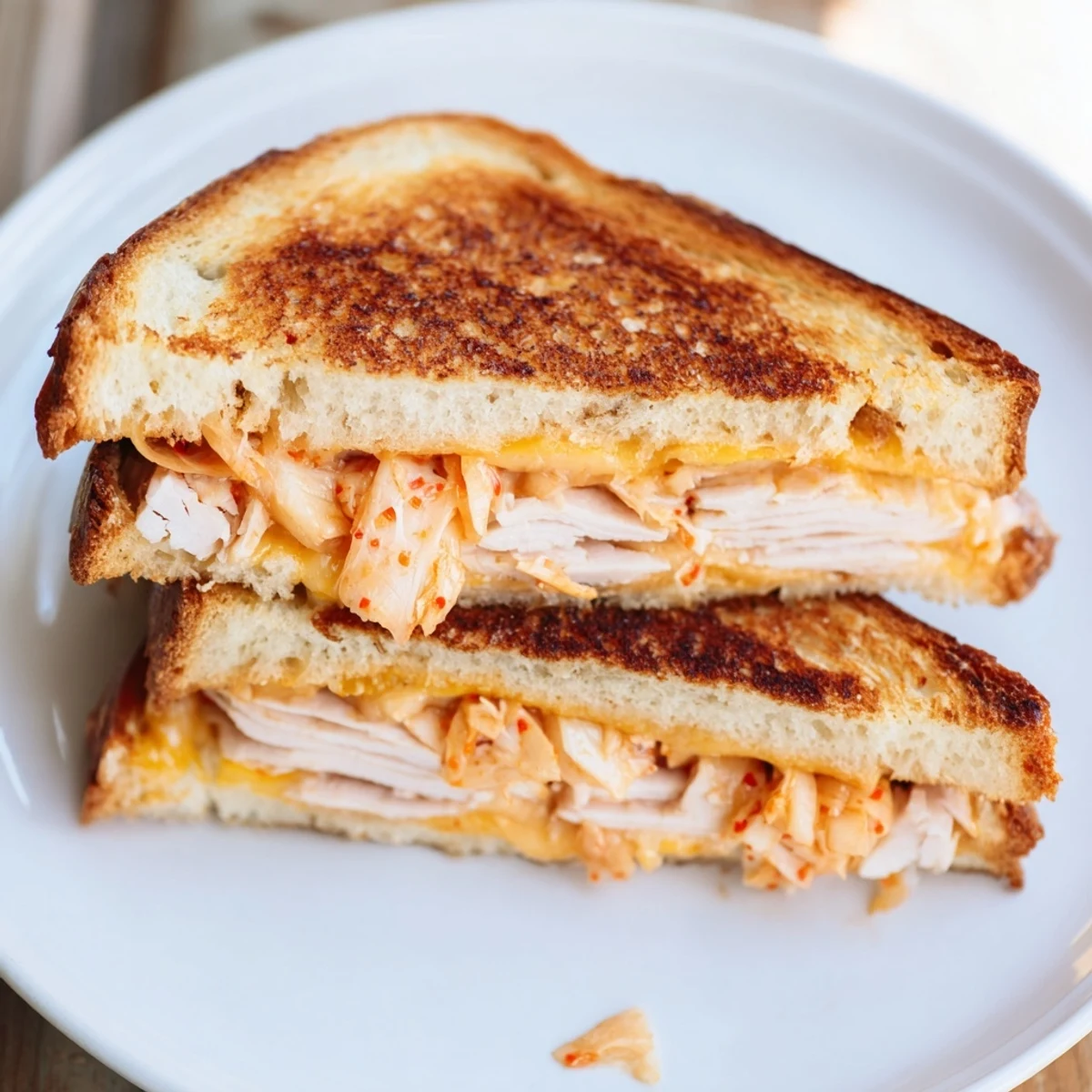 Crisp sourdough embracing the flavorful filling of Kimchi Turkey & Cheddar Grilled Cheese, ready to eat.