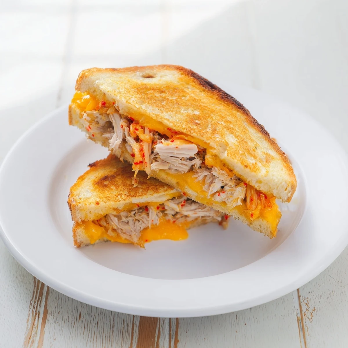 Golden, melty Kimchi Turkey & Cheddar Toasted Grilled Cheese, with tangy kimchi and savory turkey.