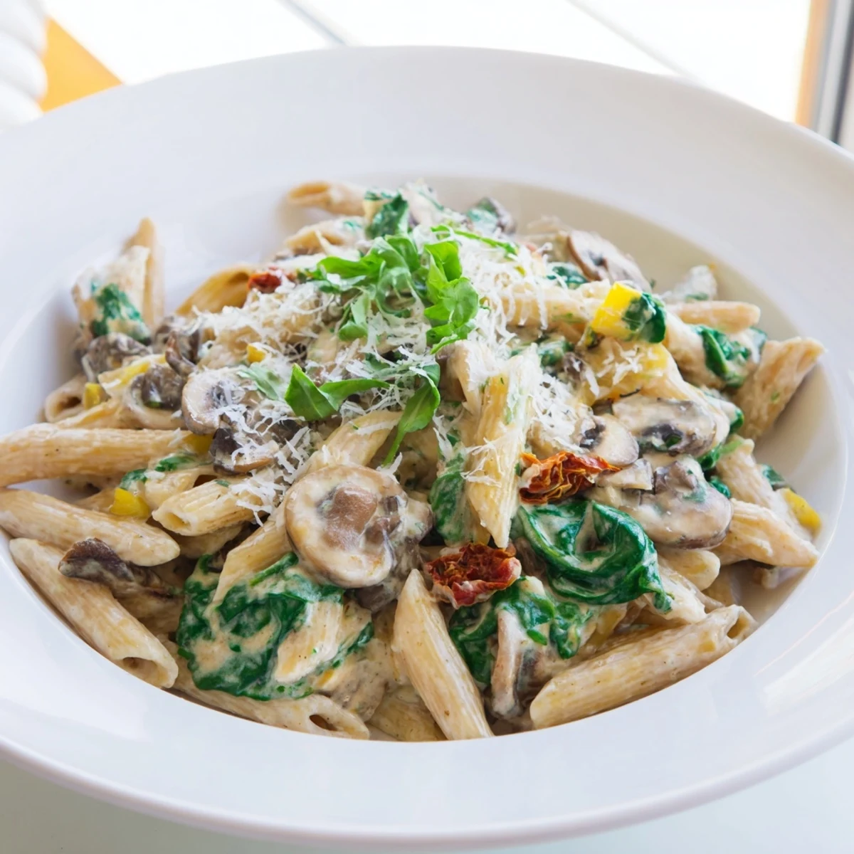 A one-skillet Creamy Sun-Dried Tomato Mushroom Penne is brimming with creamy sauce and fresh basil garnish.