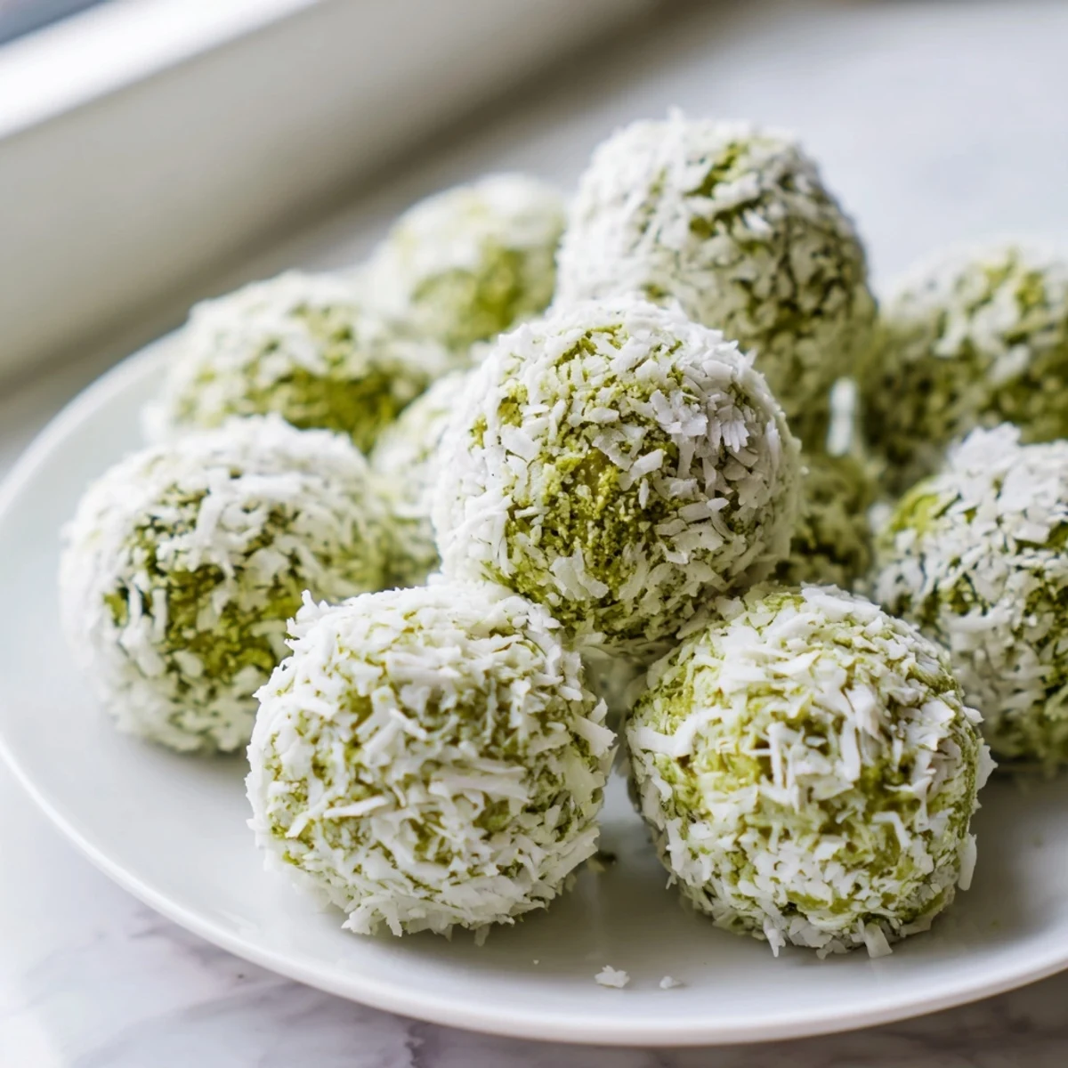 Creamy coconut matcha snowball fat bombs, rolled in coconut, offer a delightful low-carb snack.