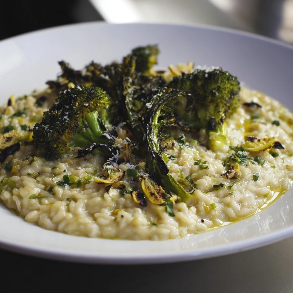 Roasted Garlic Lemon Broccoli Angel Hair Pasta with bright green broccoli florets and golden garlic.