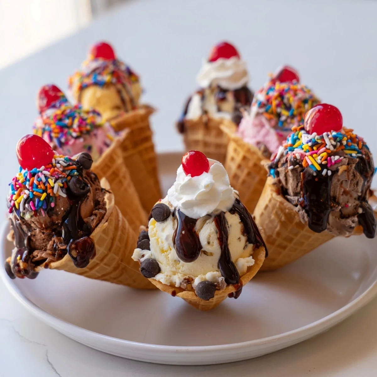 An ice cream cone grazing board overflowing with vibrant ice cream, fruit, and sweet treats.