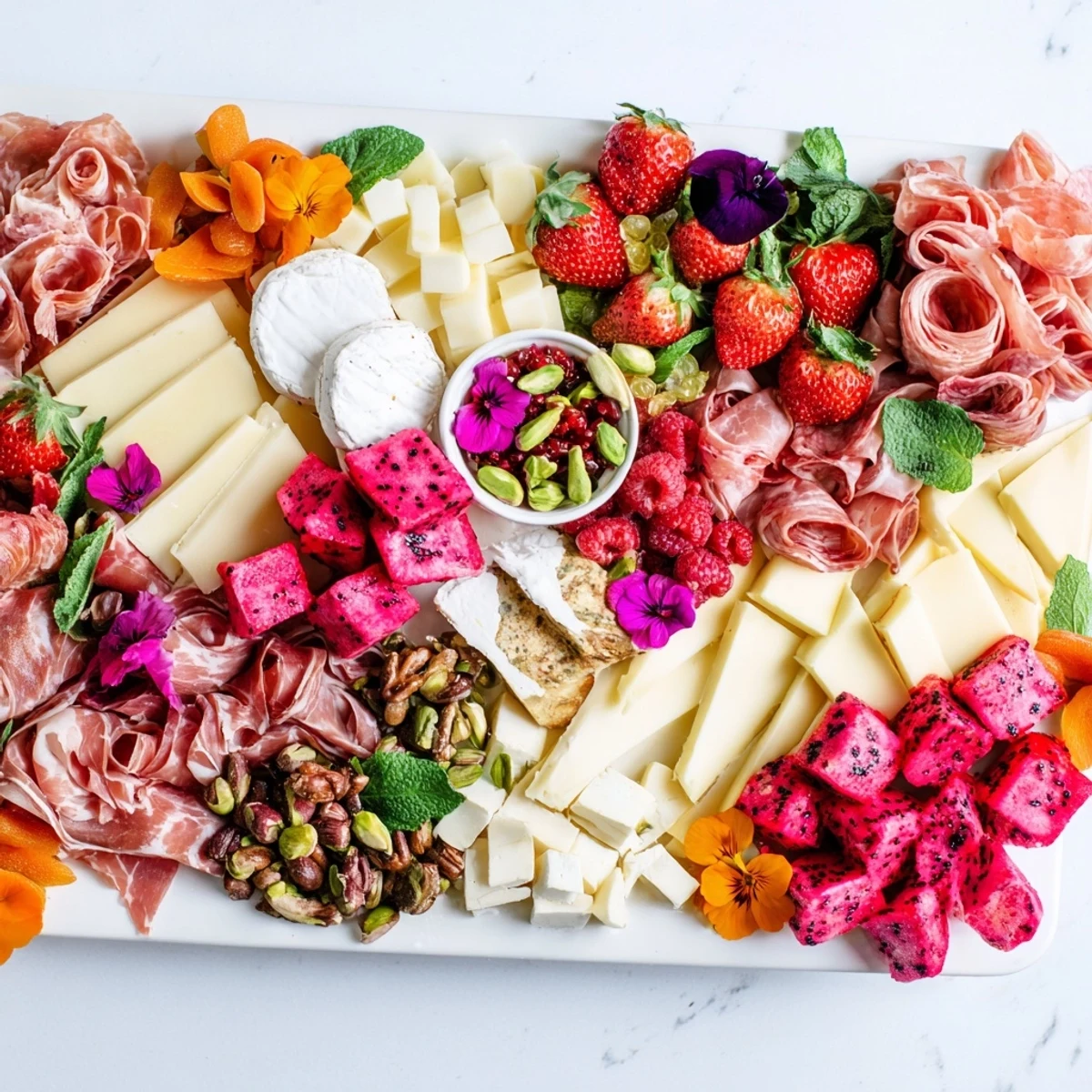 Vibrant Flamingo Paradise Board: a colorful assortment of fresh fruits, cheeses, and charcuterie perfect for any party.
