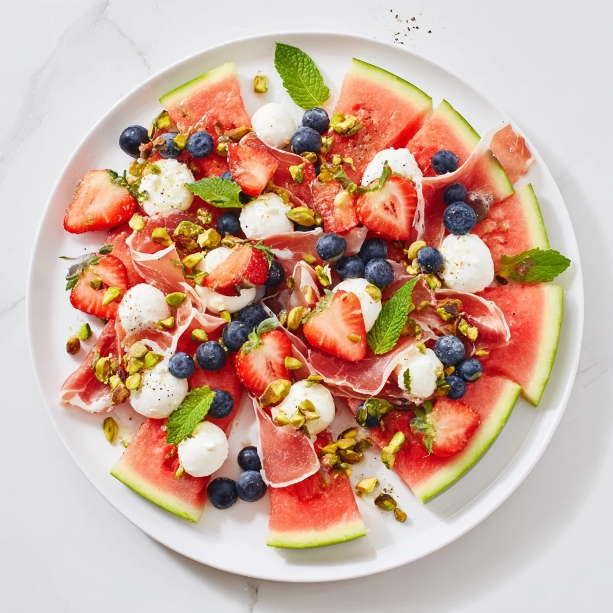 Vibrant Watermelon Slice Charcuterie featuring juicy watermelon, berries, and crumbled feta cheese, perfect for summer!