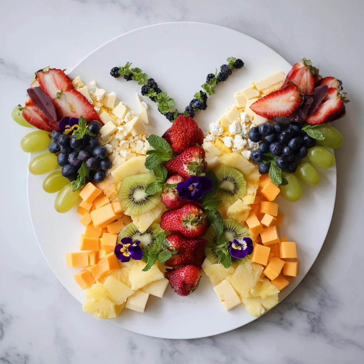 Butterfly Summer Board: A colorful summer grazing board with cheeses, fruits, and edible flowers for a gathering.