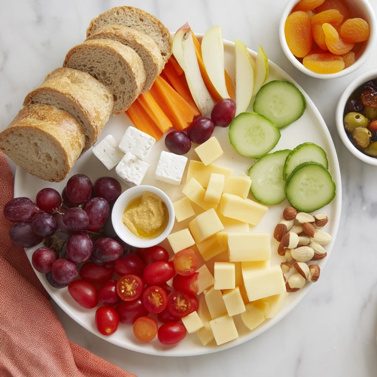 Picnic basket snack board overflowing with colorful fruits, cheeses, meats, and crackers for sharing.