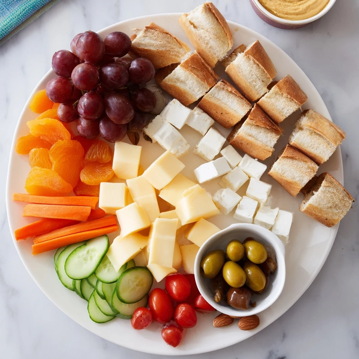 Arranging the ingredients of a fresh picnic snack board: cheddar cheese, salami, and crisp baguette slices.