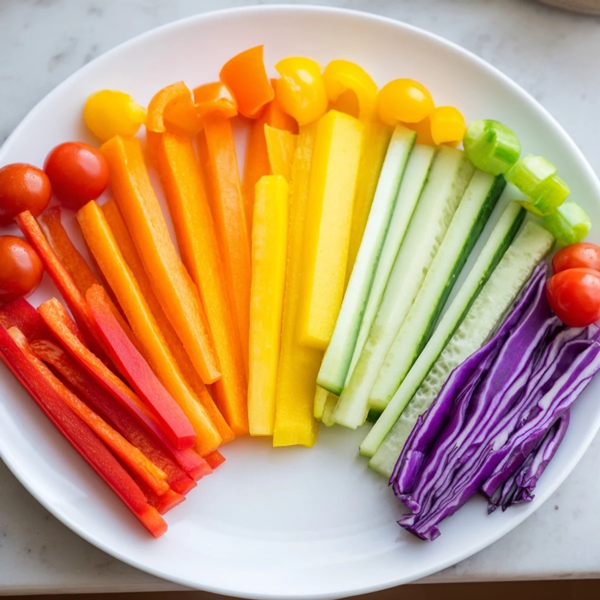 Rainbow Arch Bright Veggie Sticks: A colorful array of fresh, crunchy vegetable sticks, ready to dip and enjoy.