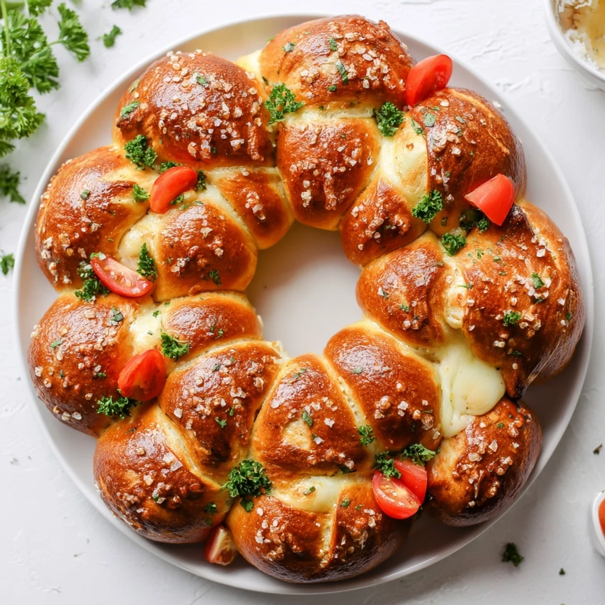 Golden pretzel joy wreath appetizer ring, warm and pull-apart, filled with creamy cheese and ready to share.