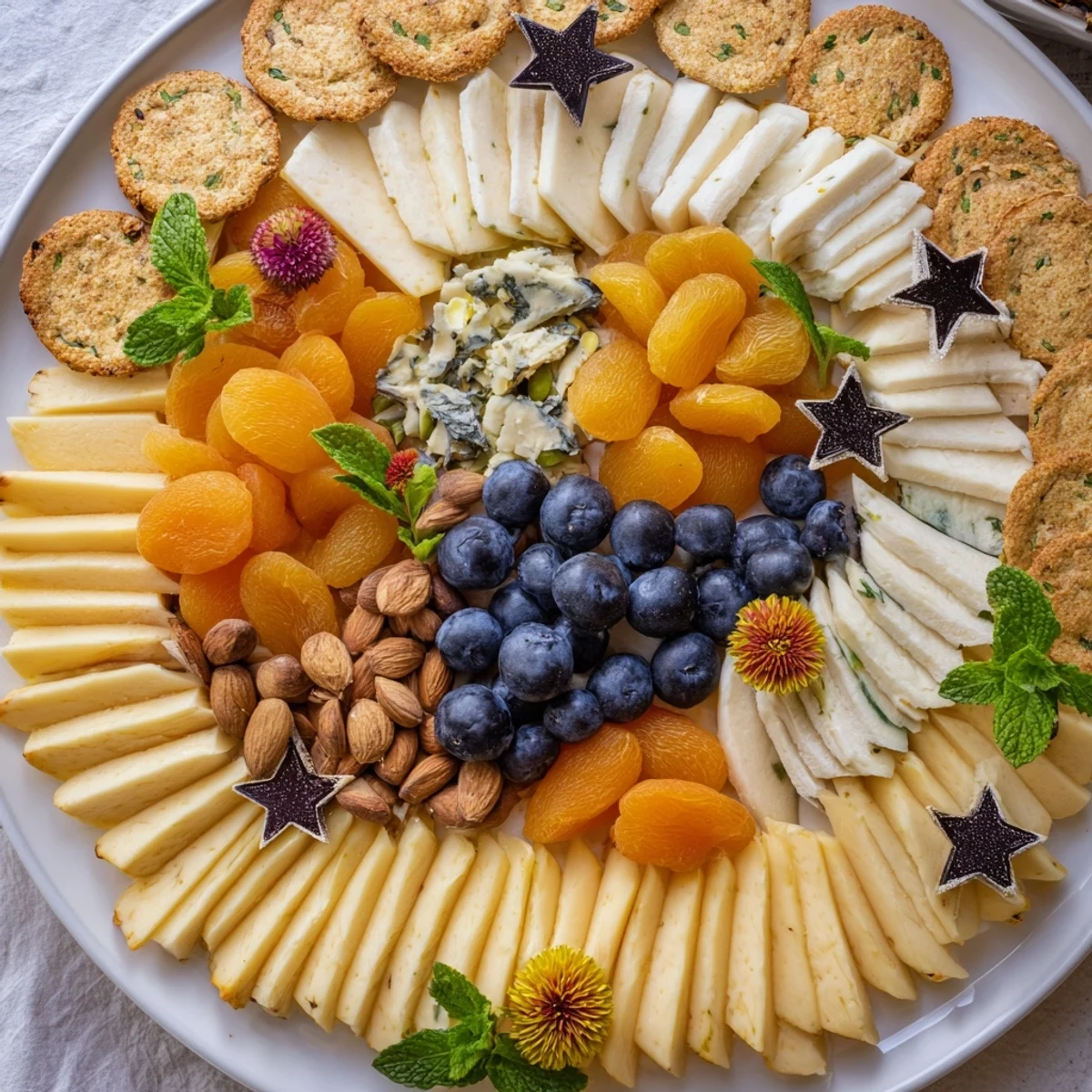 Crescent Moon Midnight Snack Board: A beautifully arranged, decadent appetizer board with cheeses, fruits, nuts, and sweets.