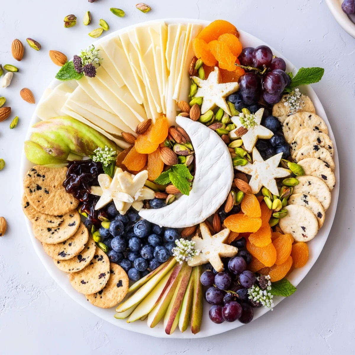 Enjoy this easy Crescent Moon Midnight Snack Board, with crescent-shaped brie, fresh fruit, and crunchy nuts.