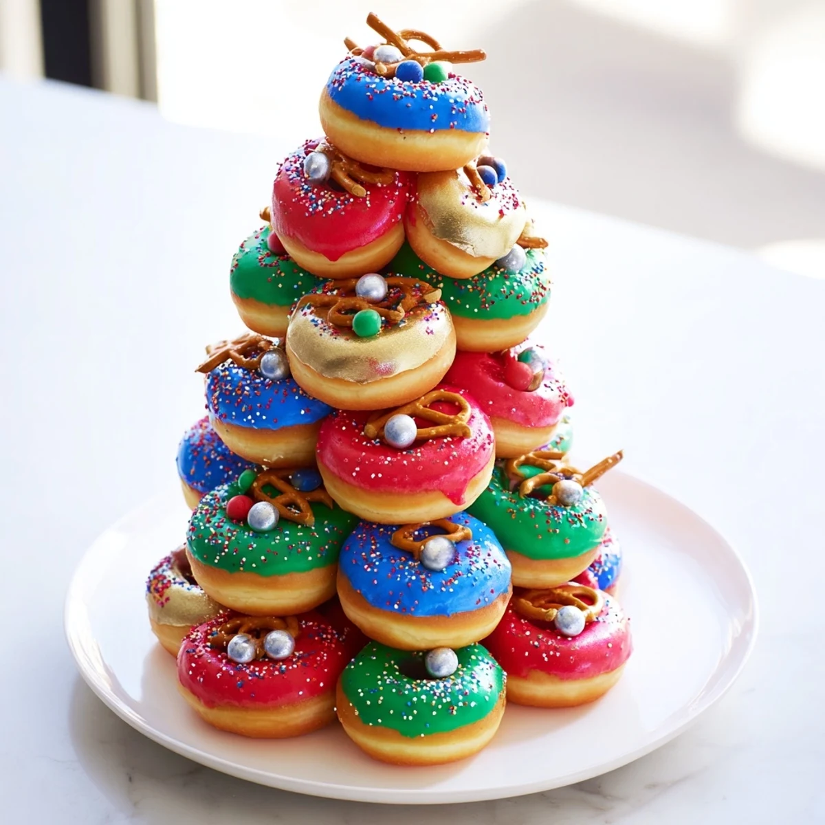 Festive Donut Stack Christmas Ornament Tower, a vibrant dessert centerpiece, frosted and sprinkled beautifully.