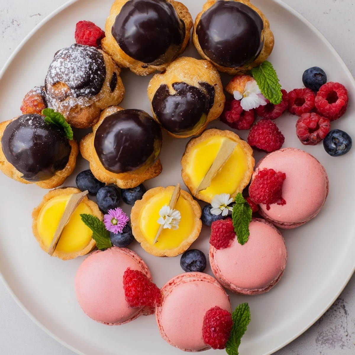 Elegant presentation of a Montgolfière Dessert Platter with colorful macarons and berry garnishes for a celebration.