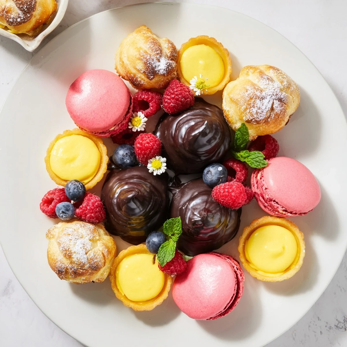 Indulge your senses with the beautifully arranged Montgolfière Dessert Platter, featuring mini pastries and vibrant garnishes.