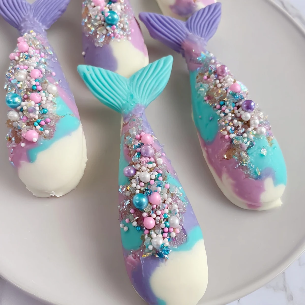 Beautiful Mignardises Queue de Sirène, displaying the sweet mermaid tail design with shimmering edible glitter.