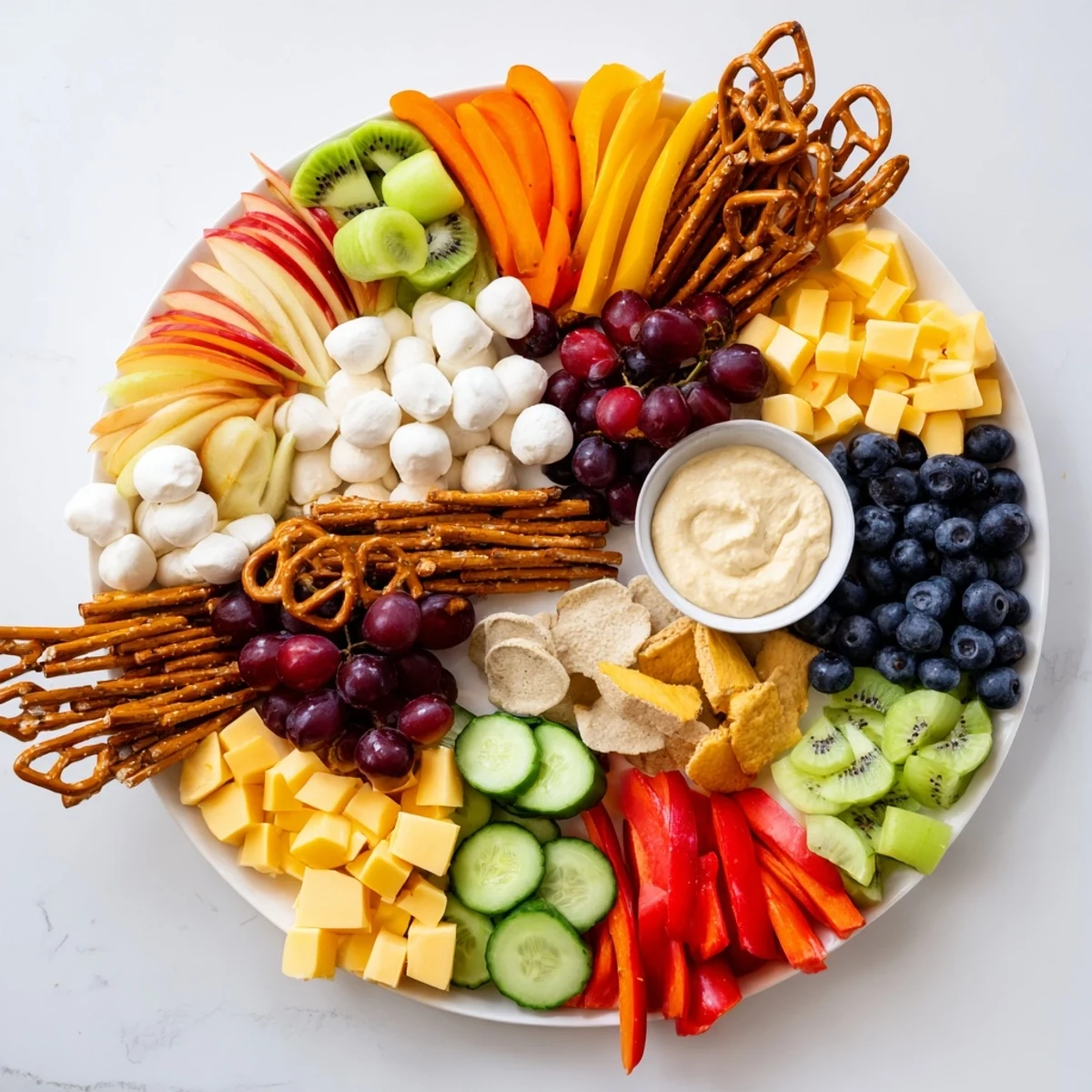 This festive Spaceship Launch Snack Board features pretzel boosters, edible spaceship details, and colorful fresh fruits.